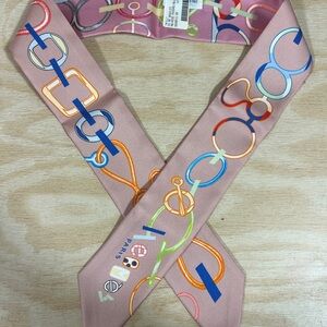 Hermes Pink Twilly Scarf with Multicolor Chain Design